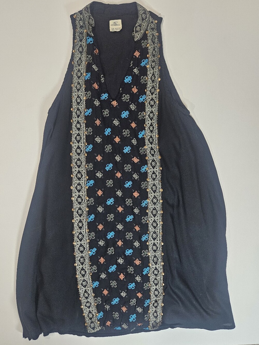 O'Neill A-Line Tunic Mini Dress Womens XS Black Gold Beaded Front Festival Wear